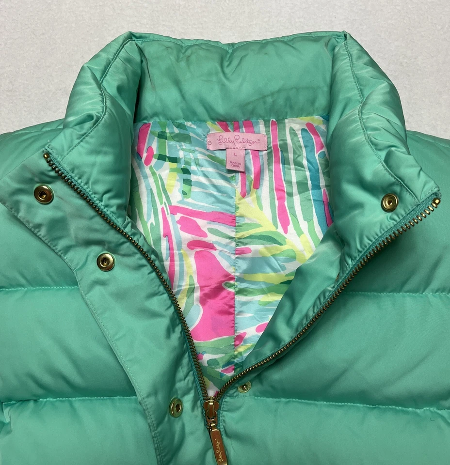 Chaleco acolchado verde Lilly Pulitzer botón cremallera talla grande Foto 2 de 4