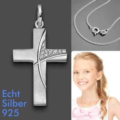 FACHHANDEL-DIREKT Premium Zirkonia Kreuz Anhänger zur Taufe Kommunion Firmung mit Kette Silber 925