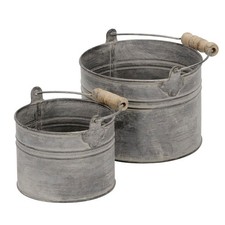 2tlg. Pflanztopf COTTAGE grau braun antik Pflanzeimer Metall Holzgriff Landhaus