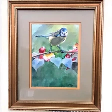 Original Watercolor Blue Tit Bird On Branch w Berries Matted & Framed 12"×14"