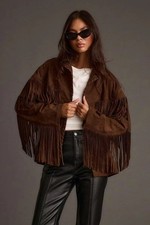Women's Western Suede Leather Fringe Jacket Cowgirl Boho Native Tassel Coat