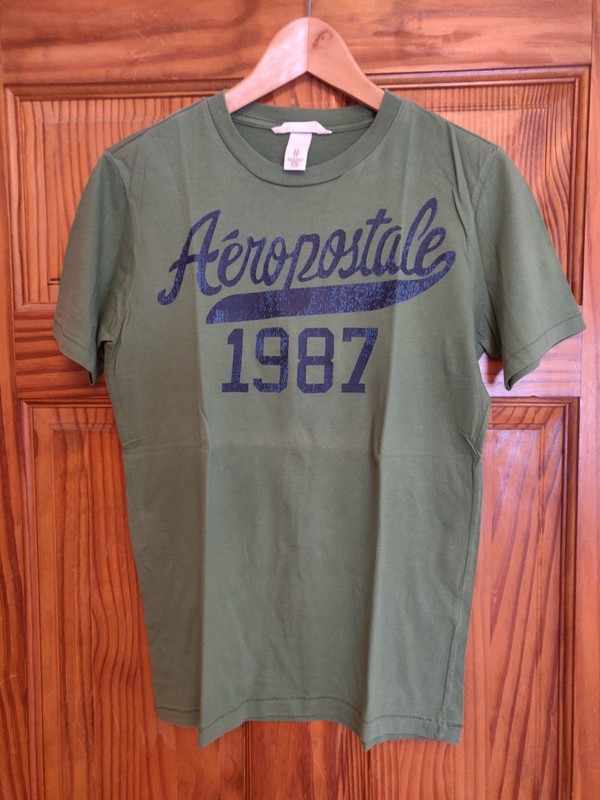 AEROPOSTALE Men's Green Cotton Short Sleeve Tee with Navy Print, size XS