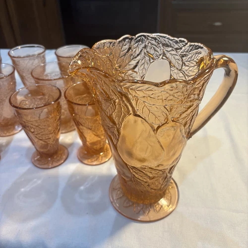 Tiara Indiana Glass Sweet Pear Pitcher Tumblers 12 Glasses Set Rose Pink