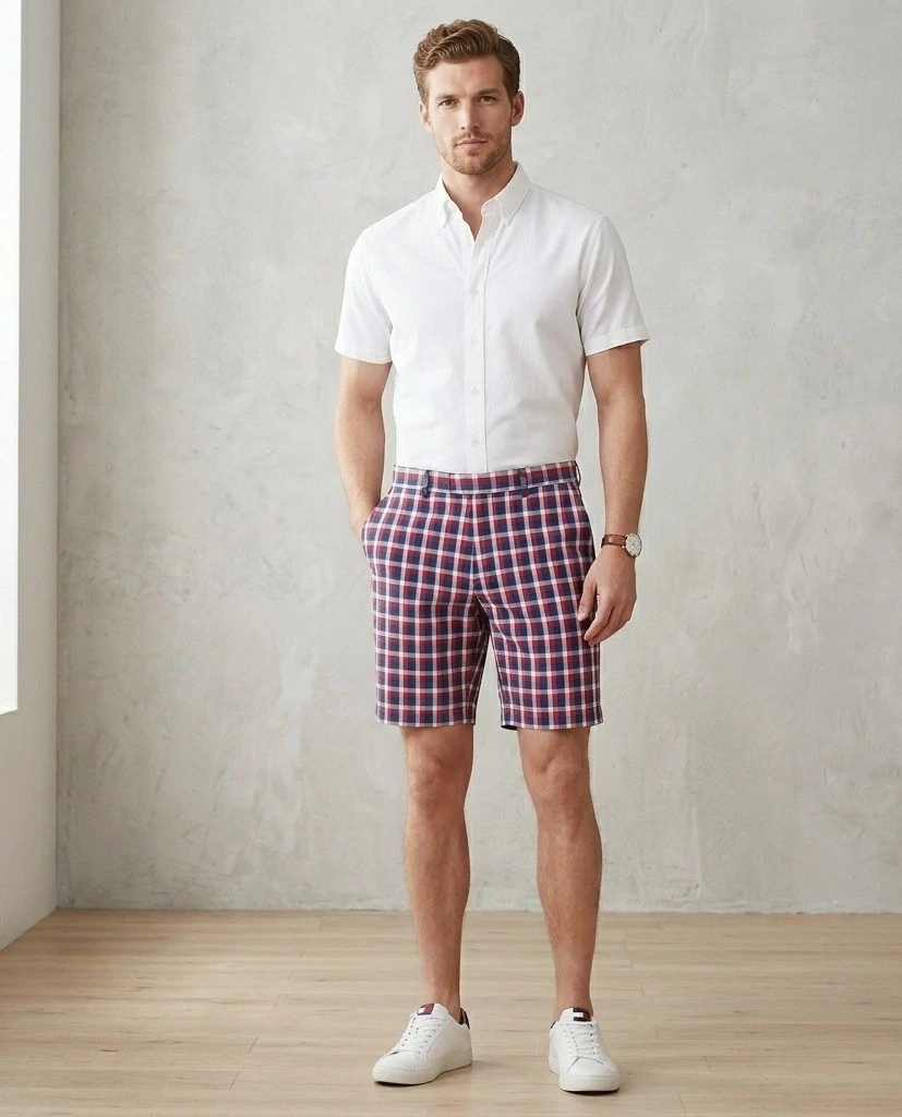 Walter Hagen Golf Shorts Men's 36 Red White Blue Plaid Performance Casual