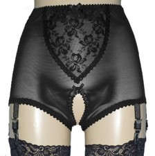 New High-waist Crotchless Garter Panty Lace Mesh Lingerie 6 Straps Suspender