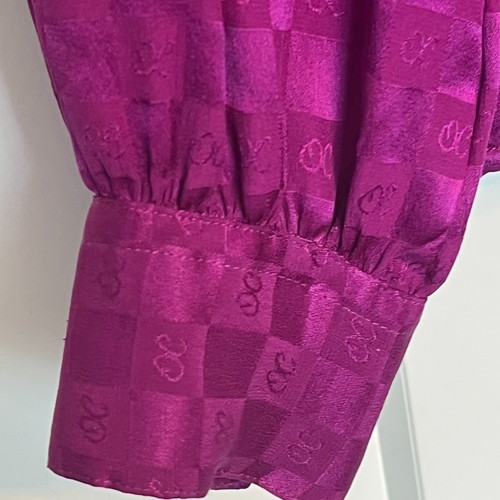 Camicetta vintage Oleg Cassini donna 12 seta viola stampa a quadri fiocco cravatta DIFETTO - Foto 5 di 15