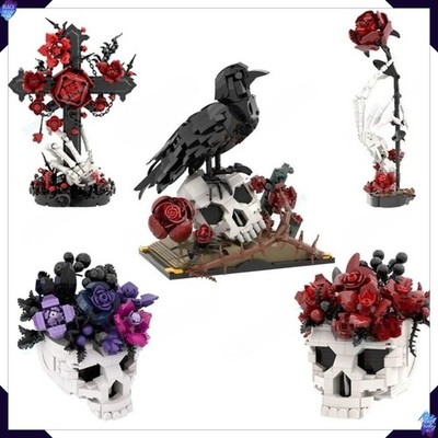MOC Skull Rose Bouquet Building Blocks Gothic Flower Brick Model Home Decor Gift
