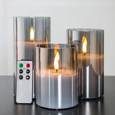 Smoke Grey Flameless Candles Set of 3 with Remote, LED Flickering Pillar Candles