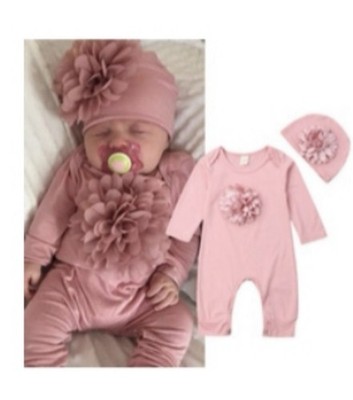 Pink Cotton Bodysuit Set with Flower Accents, Hat, 12-18 Months