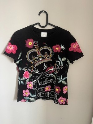 Christian Dior J'Adore Floral Crown Embellished Graphic Baby Tee Black Y2K