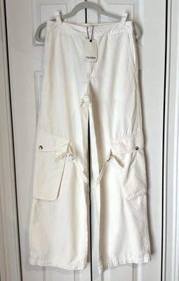 Wide Leg High Waist Baggy Cargo Pants Off White Pull & Bear Strap Detail NEW L