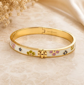 Brazalete Brazalete Tory Burch Tono Dorado Esmalte Floral Bisagra Nuevo
