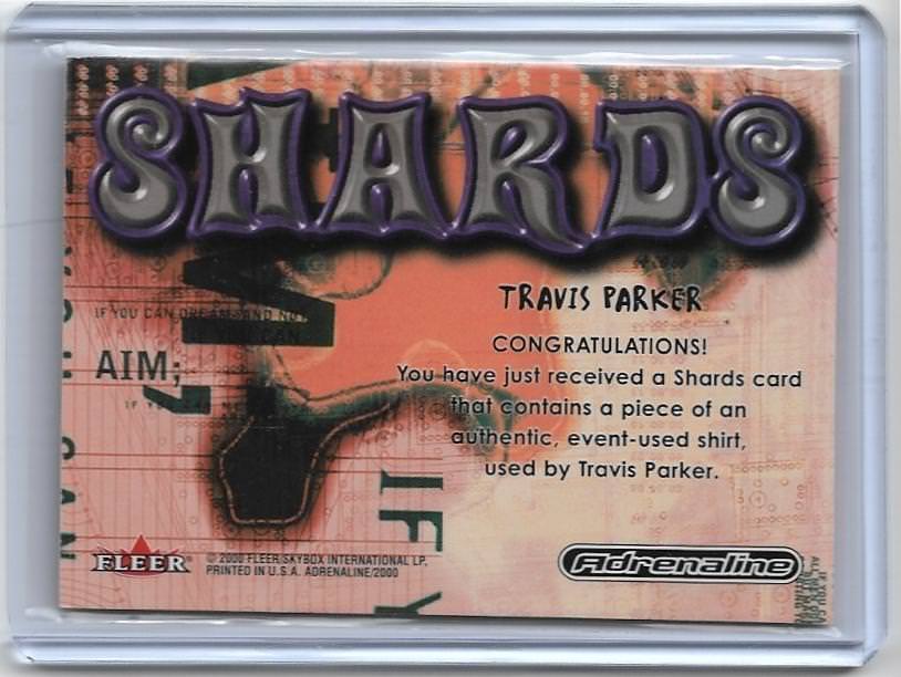 RARE 2000 FLEER ADRENALINE TRAVIS PARKER SHARDS SHIRT CARD ~ SNOWBOARD ~ 2 COLOR