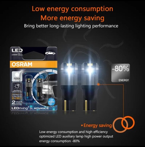 OSRAM LED T10 W5W 194 Sidelight Bulbs 6000K White Door Interior Light, Pair - Picture 5 of 6