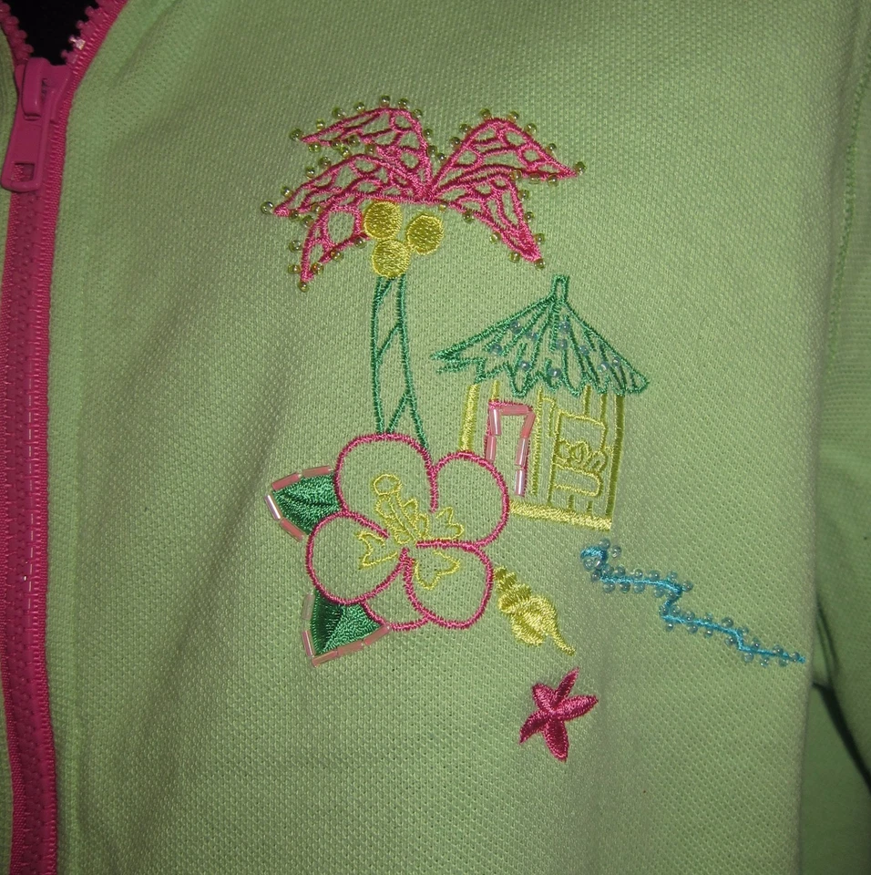 Sudadera con Capucha Recortada Escena de Playa Talla L Verde Lima Quacker Factory Chaqueta Palm Hut SS Foto 3 de 4