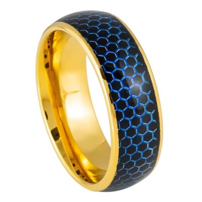 1104 Tungsten   8mm Domed Yellow Gold IP Plated Blue Honeycomb Cutout   8mm