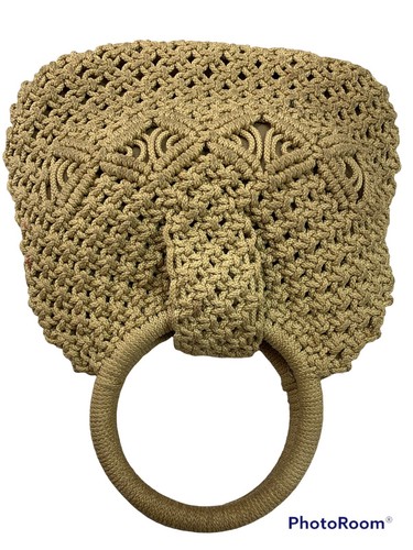 Rope Crochet Purse Vintage Beige Shopper Bag Lined Casual Rope Handles 8x12x4” - Picture 2 of 7
