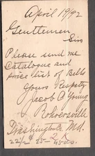 1892 postal card Jacob C Young Rohrersville MD/re list of bells
