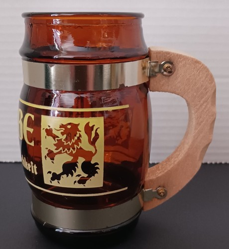 Vintage Beer Mug Brown Glass Wood Handle Octoberfest Bierscube In Very Good Cond - Picture 3 of 7