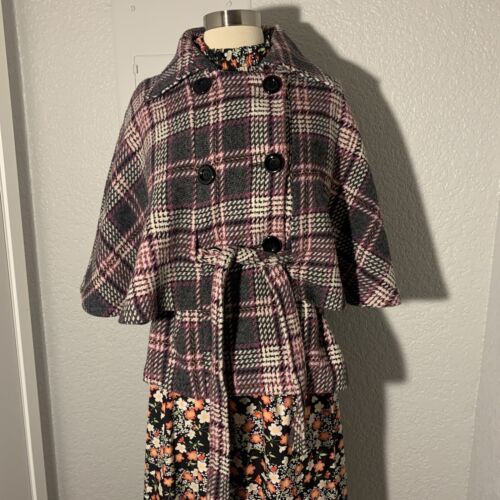 Women’s Retro 60s Mod Purple Plaid Batwing Sleeve Belted Jacket Coat, Size S/M - Picture 2 of 10