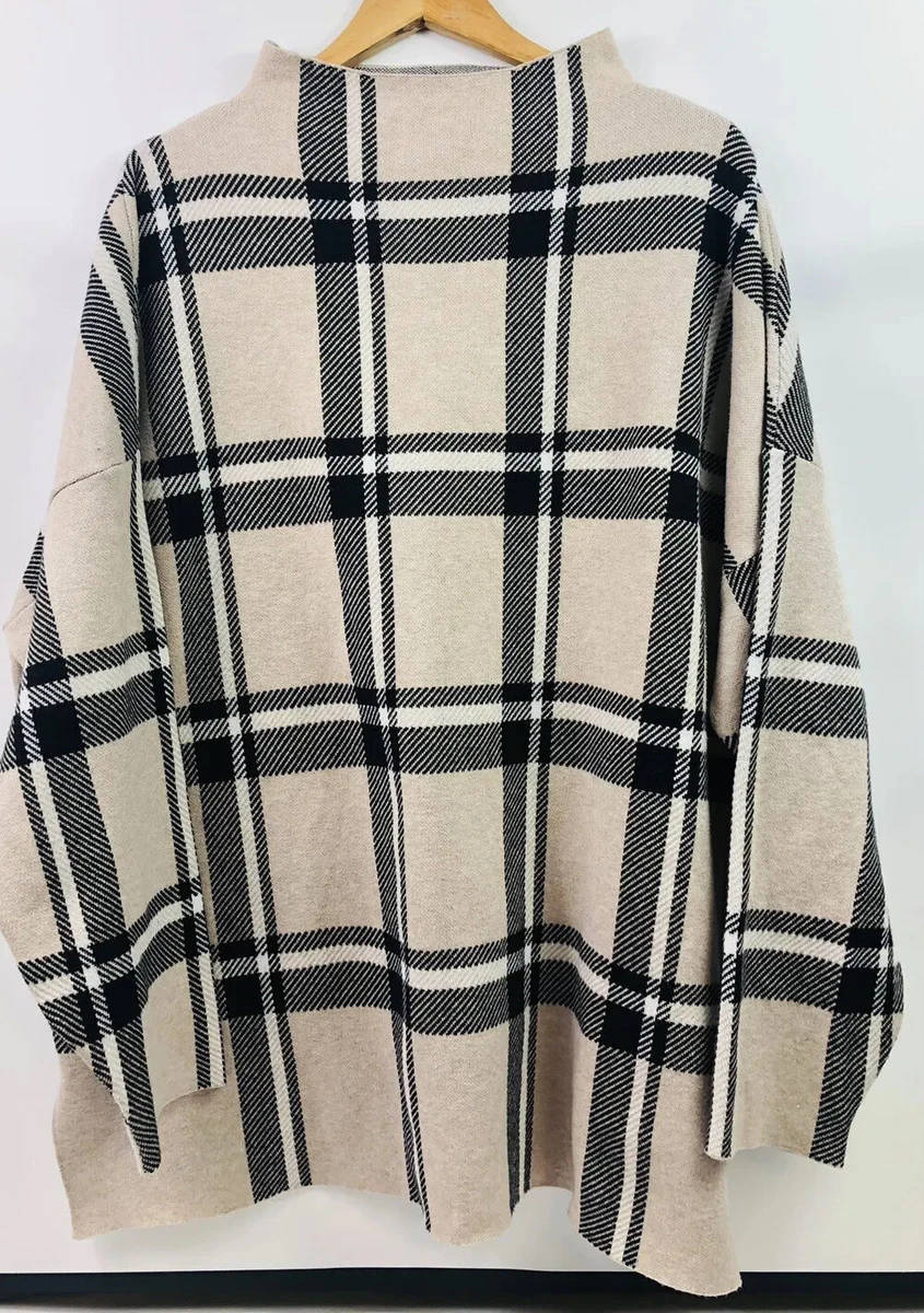 Max Studio Sweater Womens 3X Beige Black Tunic Plaid Mock Neck