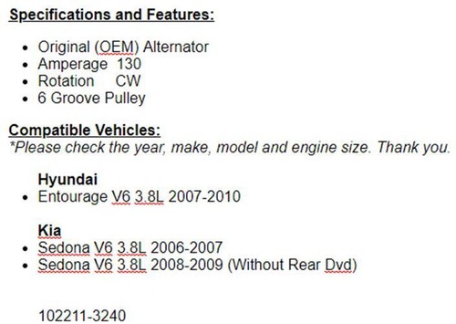 Alternator For Hyundai 2006-2009 Kia Sedona (3.8L), Entourage 2007-2010 11193r - Picture 2 of 9