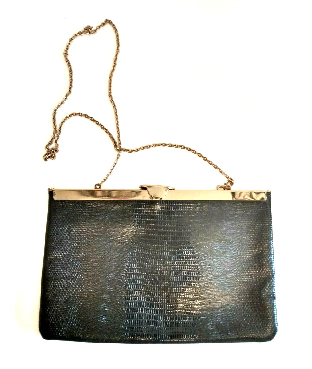 Etra Clutch Black Genuine Leather Scale Embossed Vintage Evening Bag Gold Tone