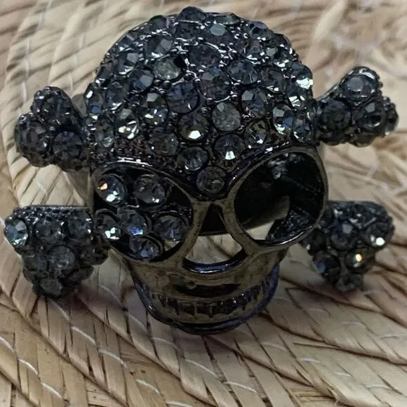 Skull Crossbones Bling Rhinestone Adjustable Ring Goth Steampunk
