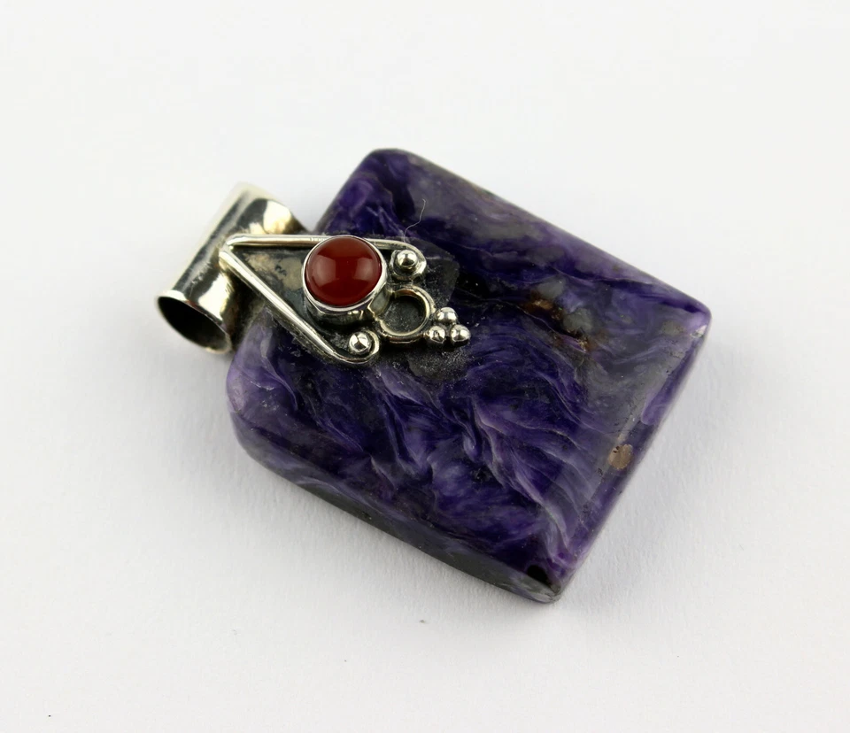 Charoit Pendente Con Carneolo In Argento 925 Gioielli Pietra Preziosa Viola - Immagine 2 di 3
