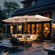 15ft Large Patio Umbrella with Base Solar Lights, Double-Sided Outdoor