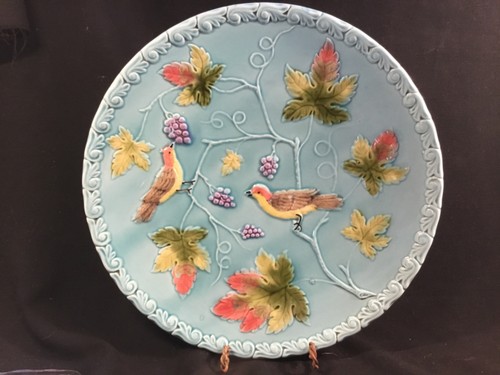 Beautiful Antique German Majolica Birds on Grapes & Leaves 11 inch Plate by Zell