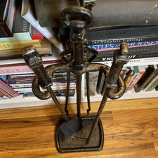 Antique CAHILL IRON Arts Crafts Hand Forged Hammered Fireplace Tool Set + Stand