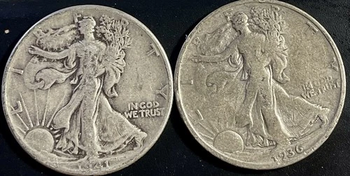 1941-P + 1936-P Liberty Walking ~ 50 cent Coins ~  90% Fine Silver   #1318