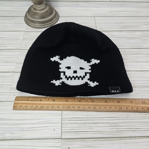 BULA Black Skull Cross Bones Beanie Knit Ski Winter Hat Fleece lined Skater - Picture 2 of 9