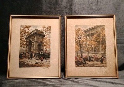Pair Roger de la Broye Framed Etching Prints Arc De Triomphe Boulevard Madeleine