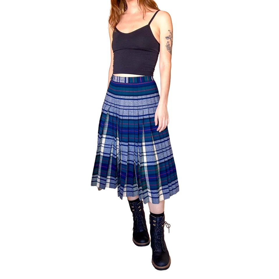 Falda a Cuadros Vintage Años 50 Pendleton Turnabout Lana Reversible Tartán Azul Gris 27" Foto 4 de 4