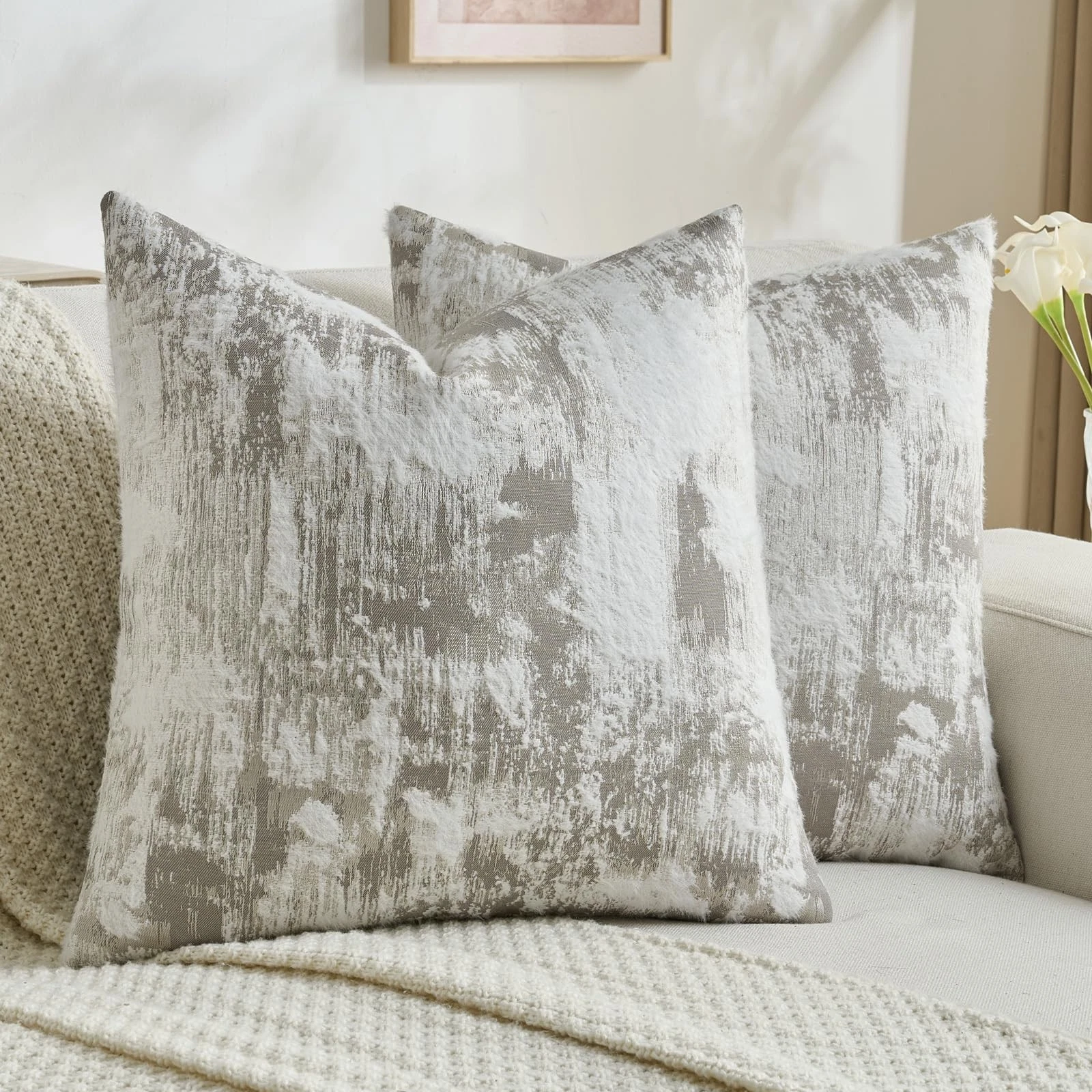 Grey White Decorative Throw Pillow Covers 18x18 Inch Set of 2,Soft Faux Cashm...