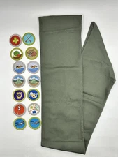 Boy Scout Merit Badge Sash with 14 Badges Patches Not Sewn Dark Olive Green BSA