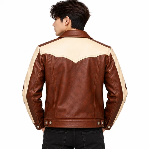 Mens Lambskin Leather Trucker Jacket Brown Cream Western Cowboy Vintage Coat image 4