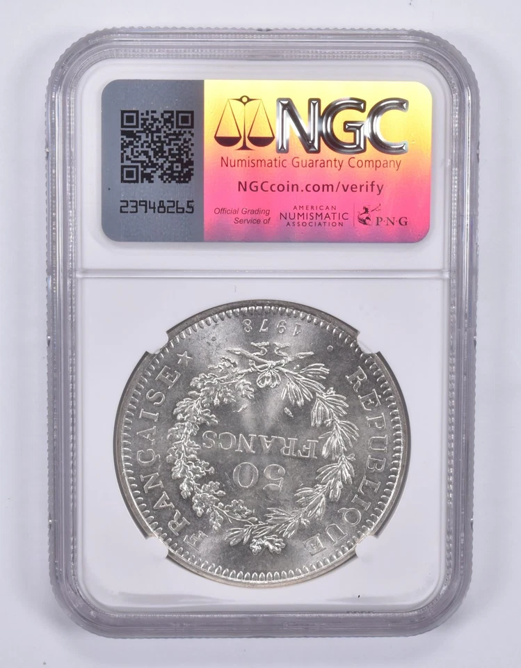 1978 France 50 Francs Silver MS64 NGC Brown Label *5727 - Image 2 of 4