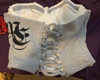 MUSERA Grey Corset Top Lace Up Back Gothic Logo Bustier Sweatshirt Material Sz L