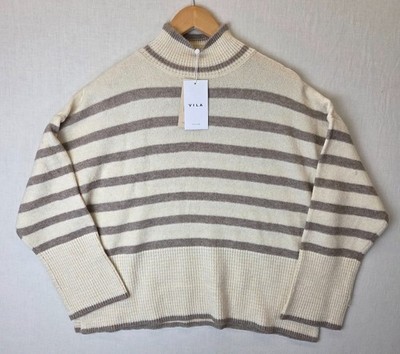 Vila Vilavinia Oversize High Neck Pullover Damen Gr. L Creme Streifen Strick