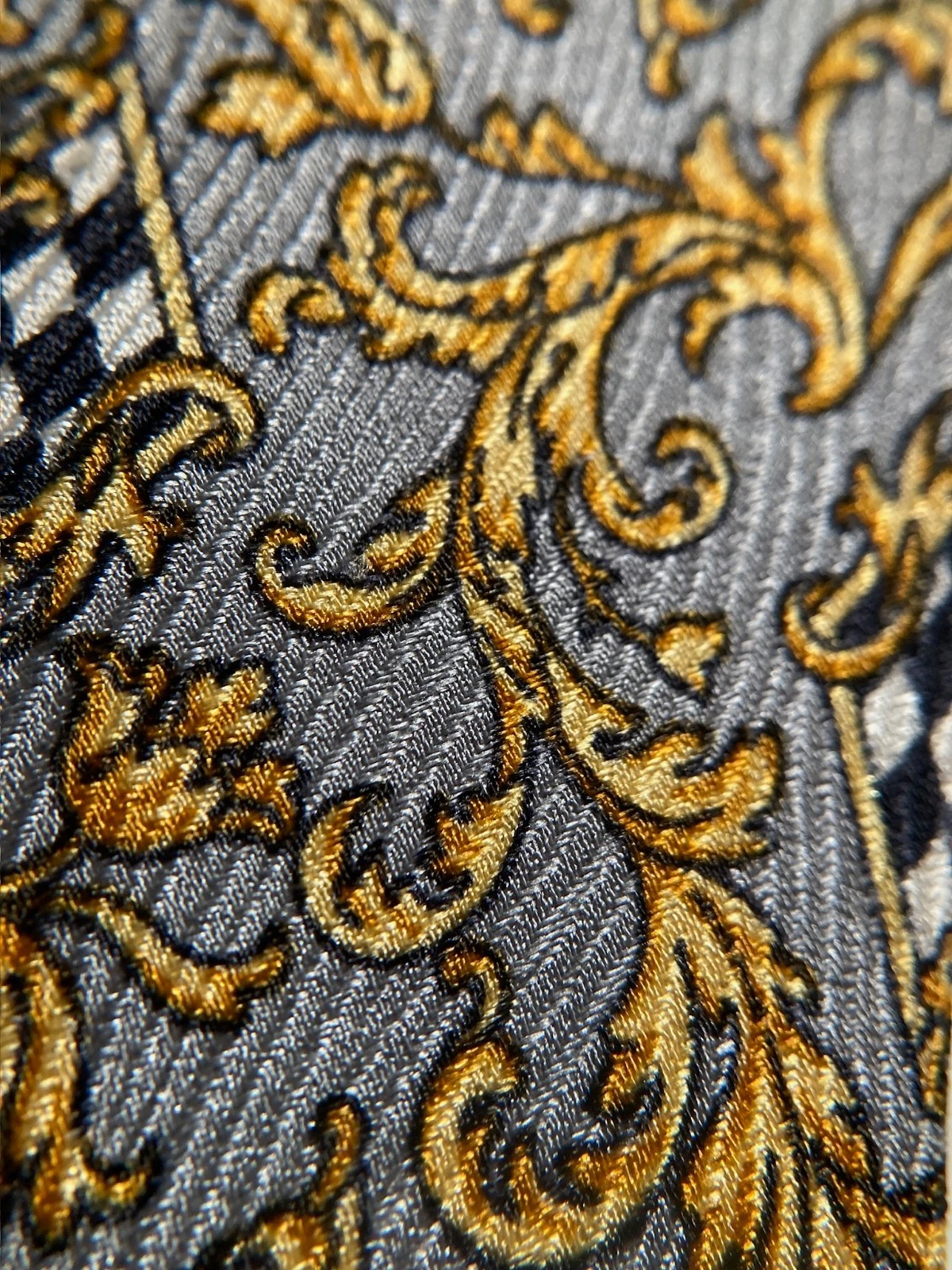 GIANNI VERSACE Vintage '90s Baroque Acanthus Tie Grids Art Nouveau Italy Gray - product detail image 7