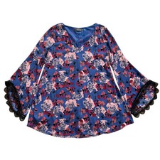 ASTR Dress Womens Small Blue Floral Mini V Neck Bell Sleeve Lace Trim Lined Boho