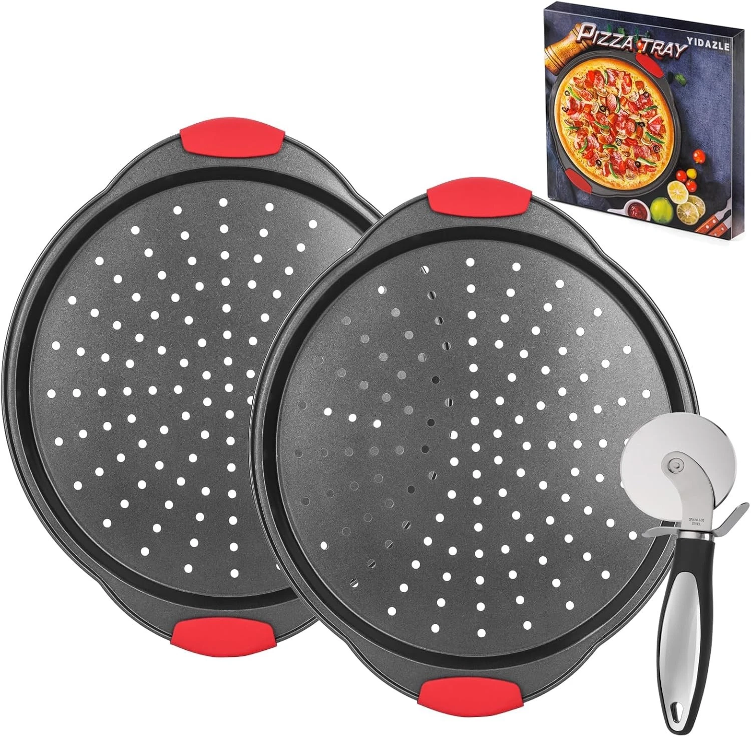 Pizza Pan Oven 2 PACK Pizza Baking Trays W/ Pizza Cutter Non-Stick Pizza Baking