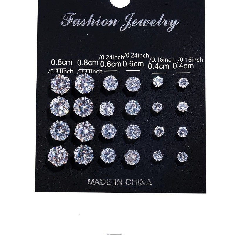 12 Pairs Stainless Steel Silver Stud Earrings Set CZ Round Crystal Men Women Kid