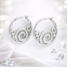 Brighton London Groove Hoop Earrings Silver Tone Swirl Clear Crystal Design