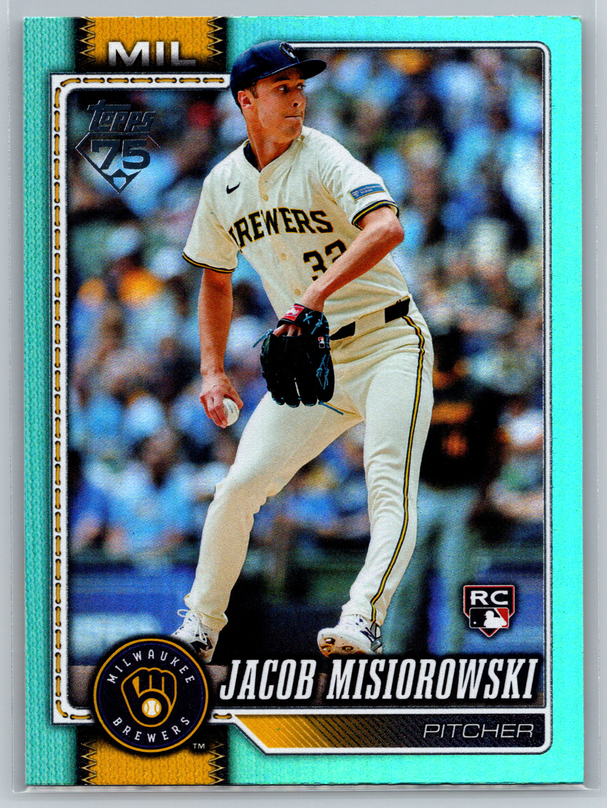 Jacob Misiorowski 2026 Topps Series 1 Aqua Rainbow Foil Rookie #10 Brewers