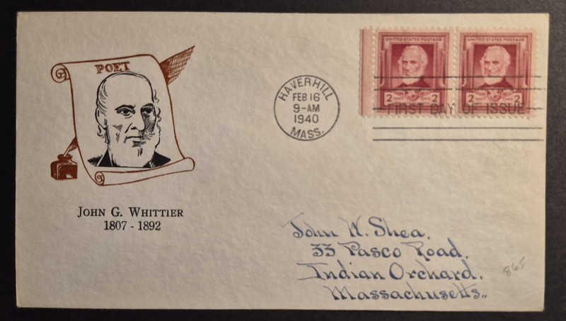 1940 First Day Cover US Scott 865 John Greenleaf Whittier Famous Americans FDC