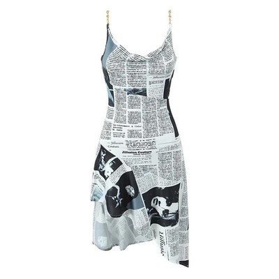 YENKYE New Women Newspaper Letter Print Irregular Hem Sling Dresses Fashion 2026